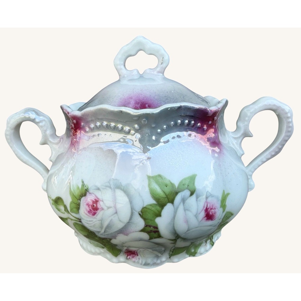 Antique Leuchtenburg Germany Porcelain Covered Sugar Bowl Pink Roses 1895-1920